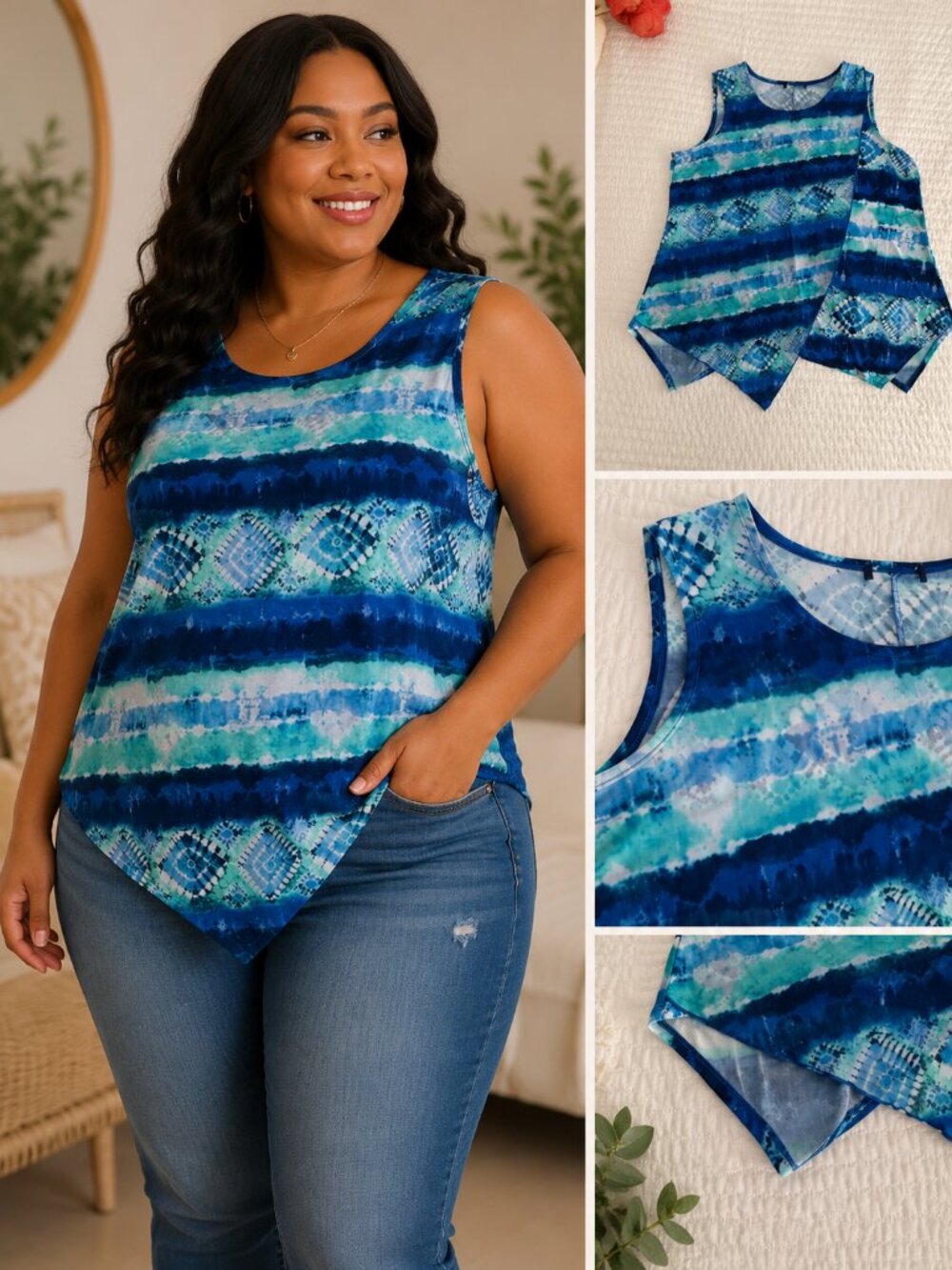 Blue Asymmetrical Tank Top | Abstract Watercolor Print | Plus Size 3XL